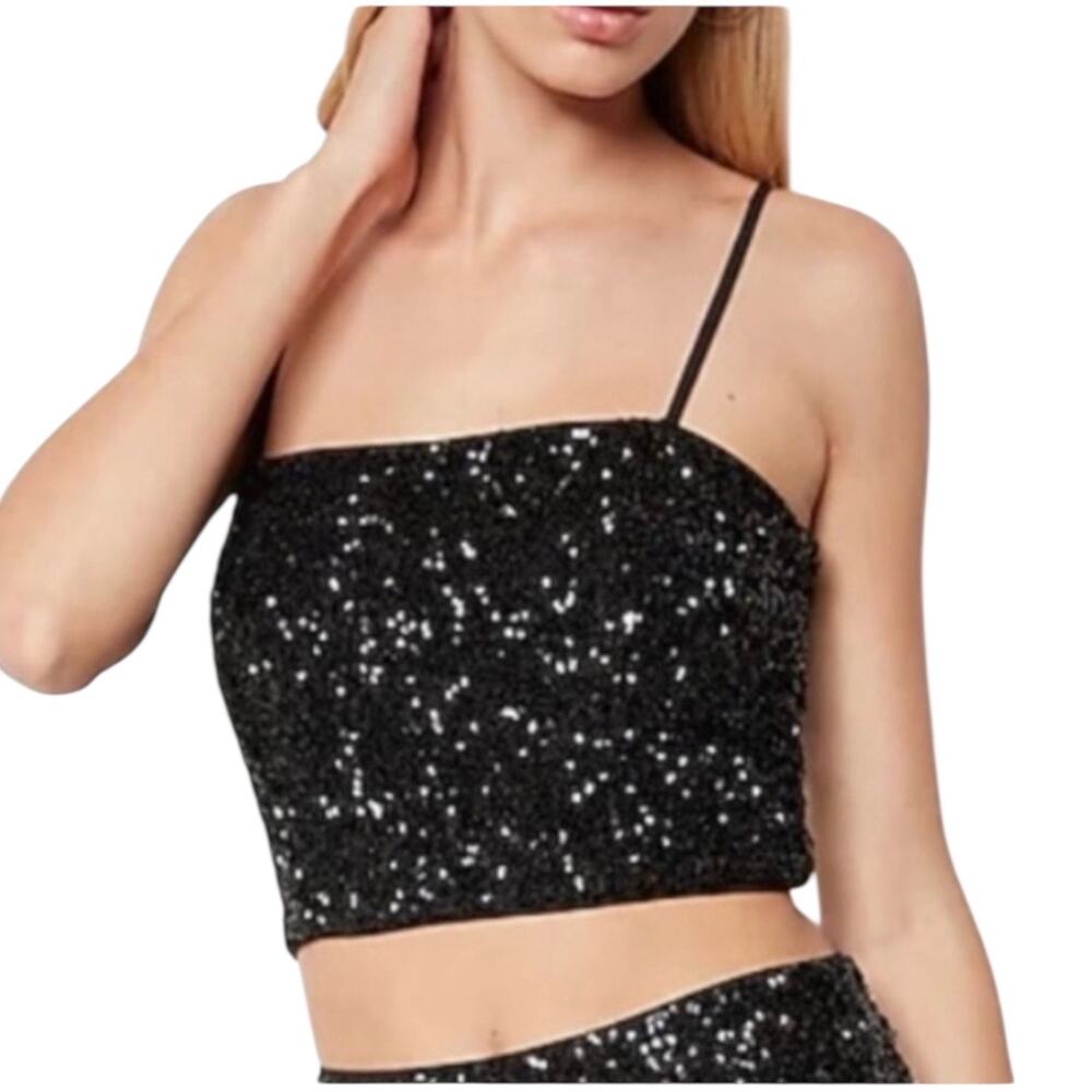 NWT Express Size X-Small Black Sequin Cropped Tank Top with Spaghetti Straps XS